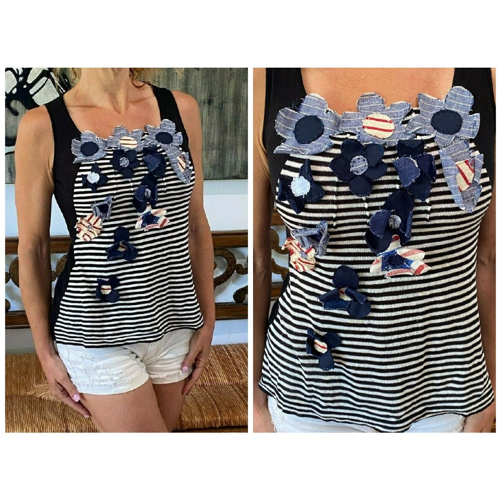 WENDI REED SLEEVELESS STRIPED KNIT FLORAL APPLIQUE SWEATER  TANK TOP S❤️